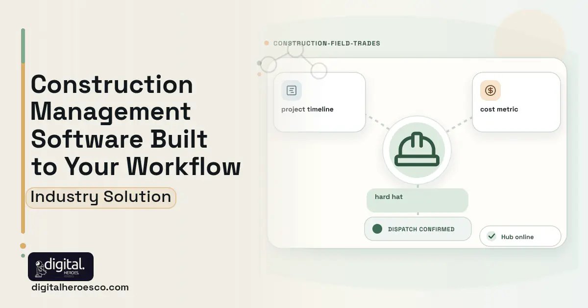 Custom Construction Management software visual showing hard hat, project timeline, and cost metric.