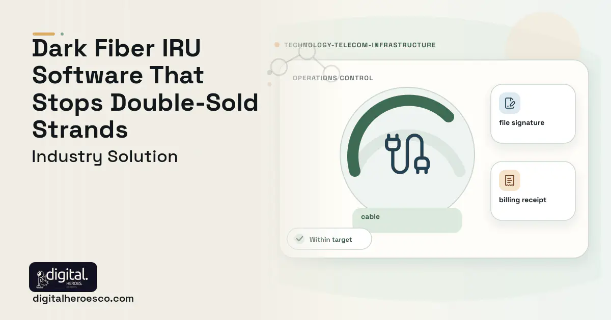 Dark Fiber IRU Management software visual showing cable, file signature, and billing receipt.