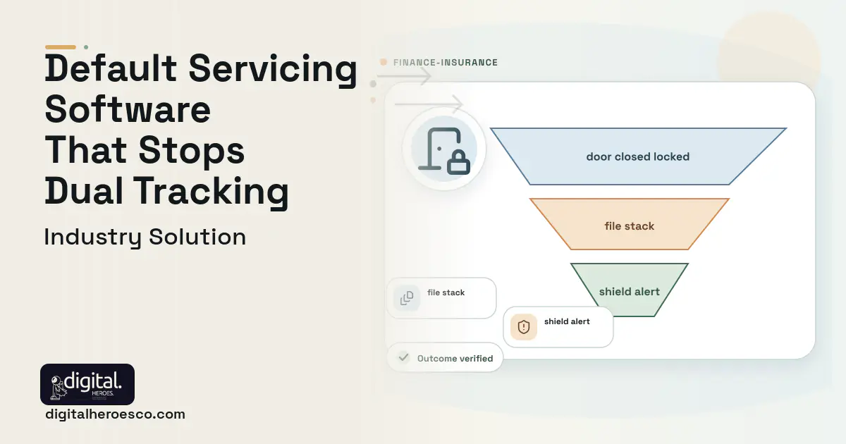 Default Servicing Foreclosure software visual showing door closed locked, file stack, and shield alert.