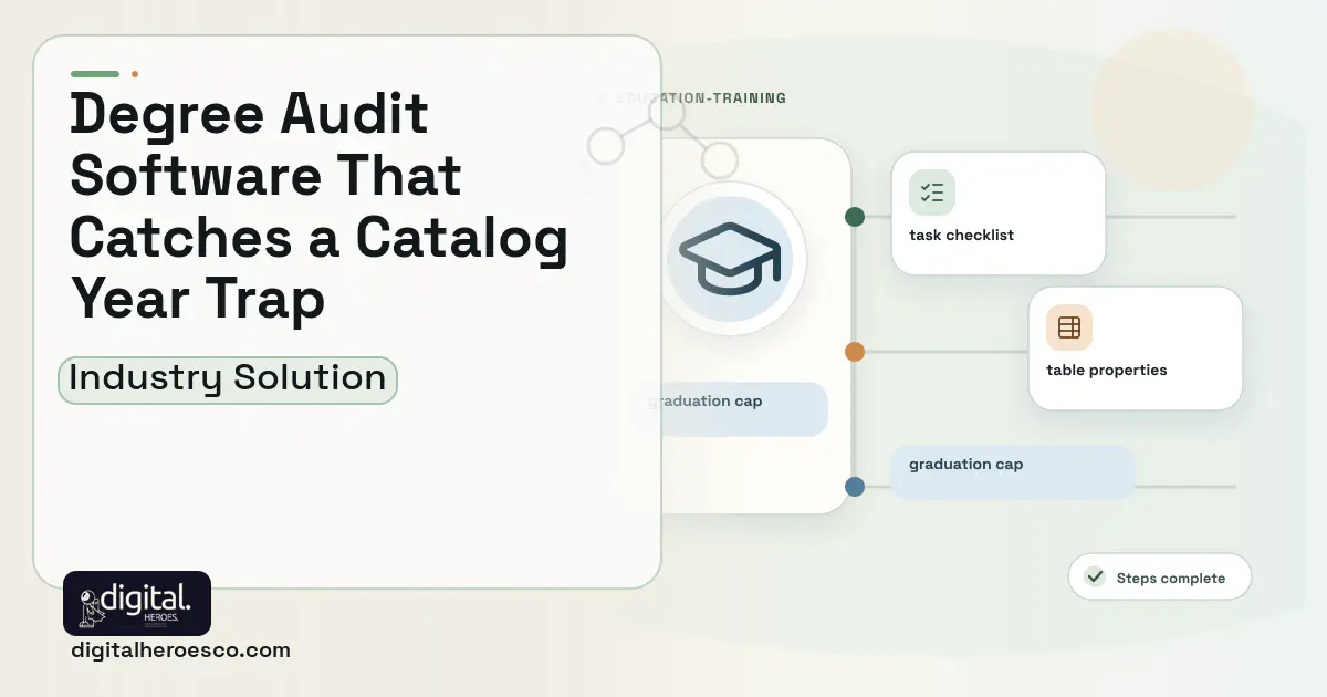 Degree Audit software visual showing graduation cap, task checklist, and table properties.
