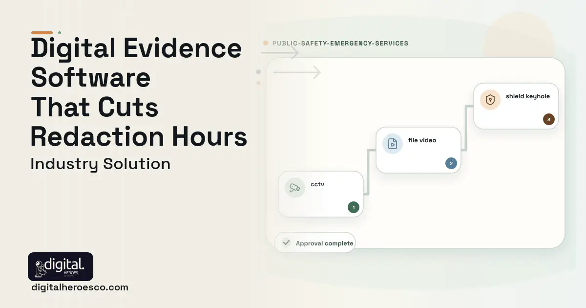 Digital Evidence Management Platform software visual showing cctv, file video, and shield keyhole.