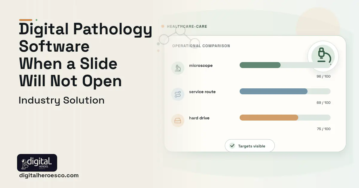 Digital Pathology Workflow software visual showing microscope, service route, and hard drive.