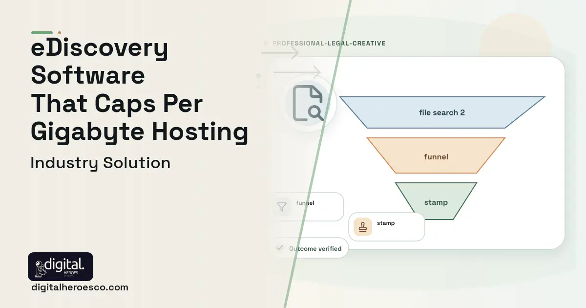 Ediscovery Management software visual showing file search 2, funnel, and stamp.