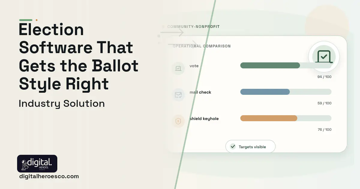 Election Management software visual showing vote, mail check, and shield keyhole.