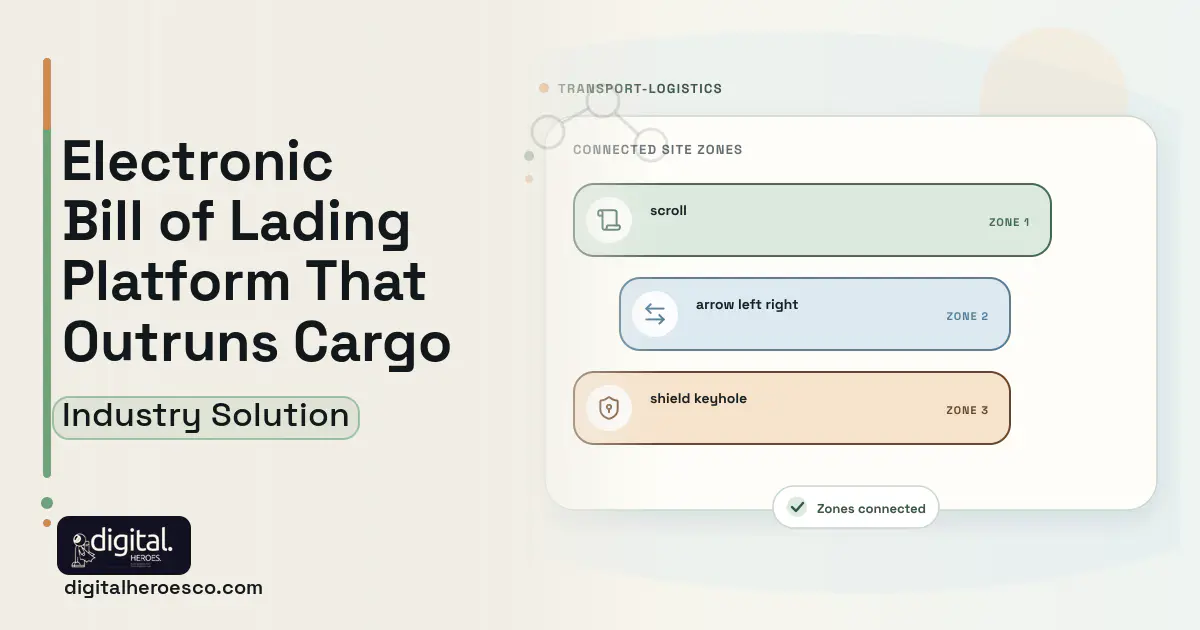 Electronic Bill of Lading Platform software visual showing scroll, arrow left right, and shield keyhole.