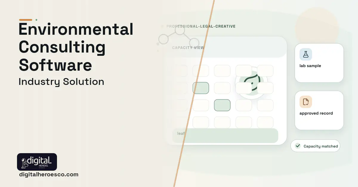 Environmental Consulting software visual showing leaf, lab sample, and approved record.