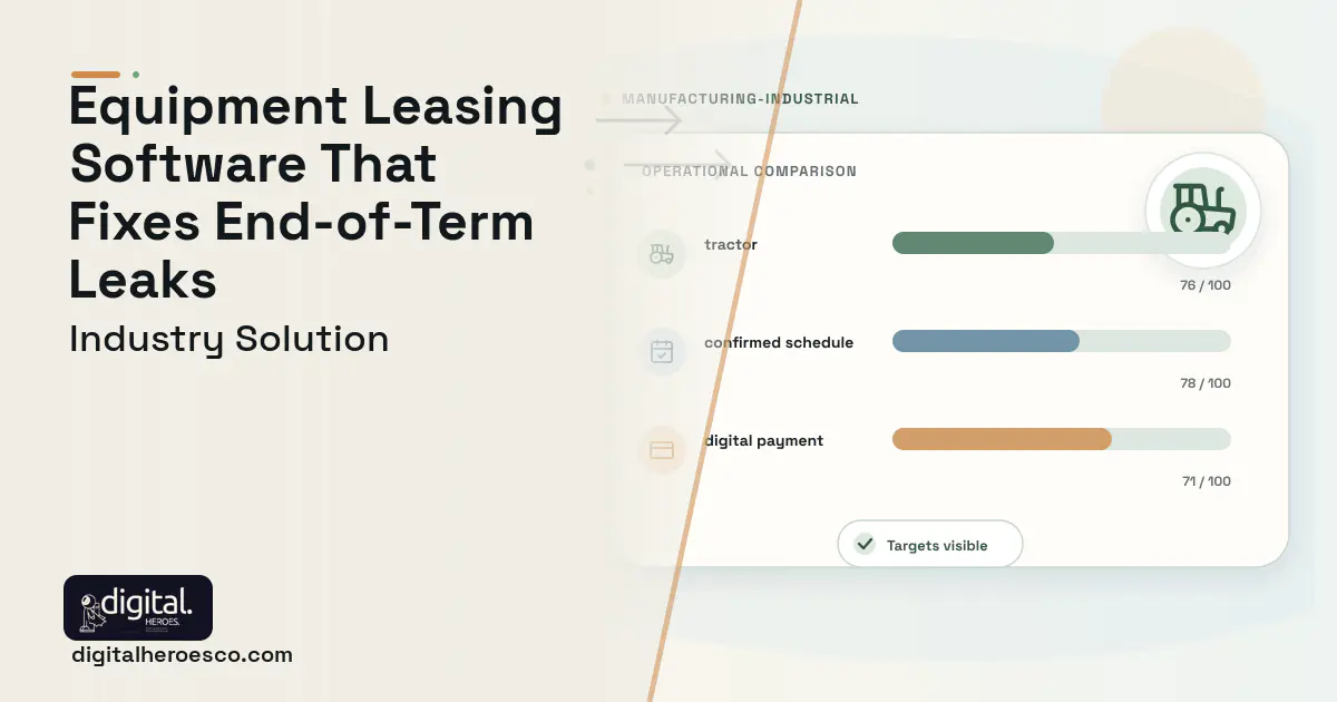 Equipment Leasing software visual showing tractor, confirmed schedule, and digital payment.