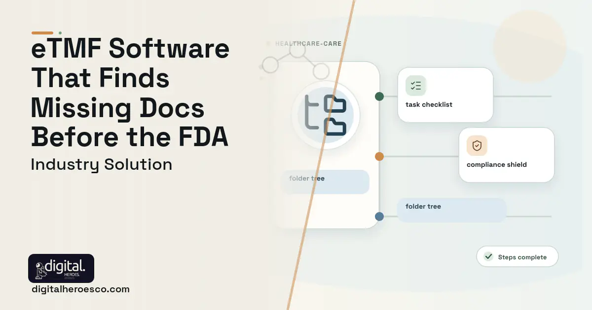 Etmf Management software visual showing folder tree, task checklist, and compliance shield.