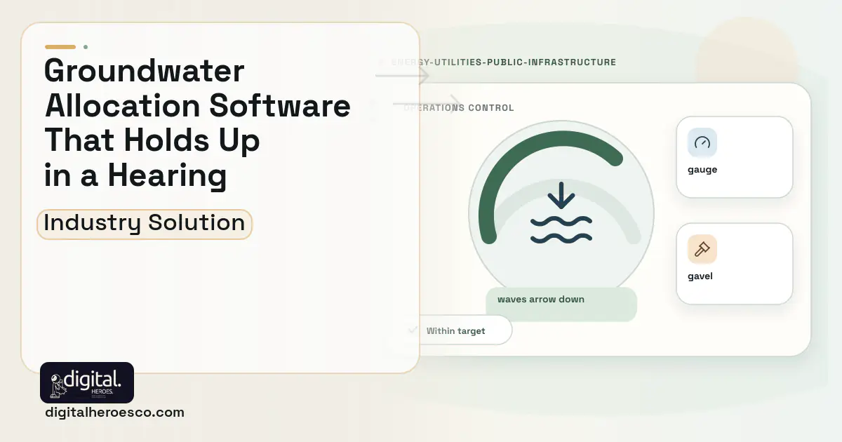 Groundwater Agency software visual showing waves arrow down, gauge, and gavel.