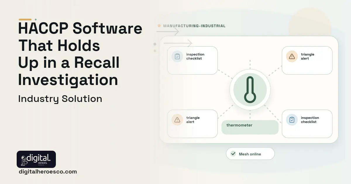Haccp Food Safety software visual showing thermometer, inspection checklist, and triangle alert.