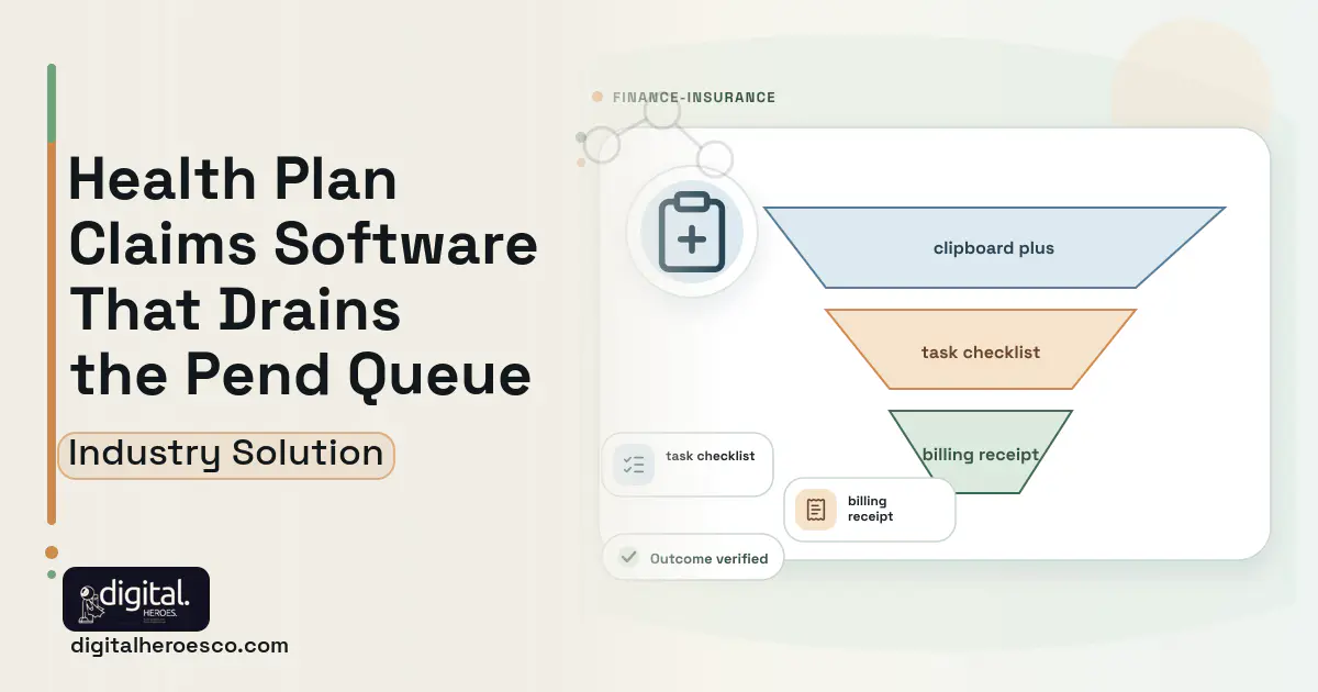 Health Plan Claims Adjudication software visual showing clipboard plus, task checklist, and billing receipt.