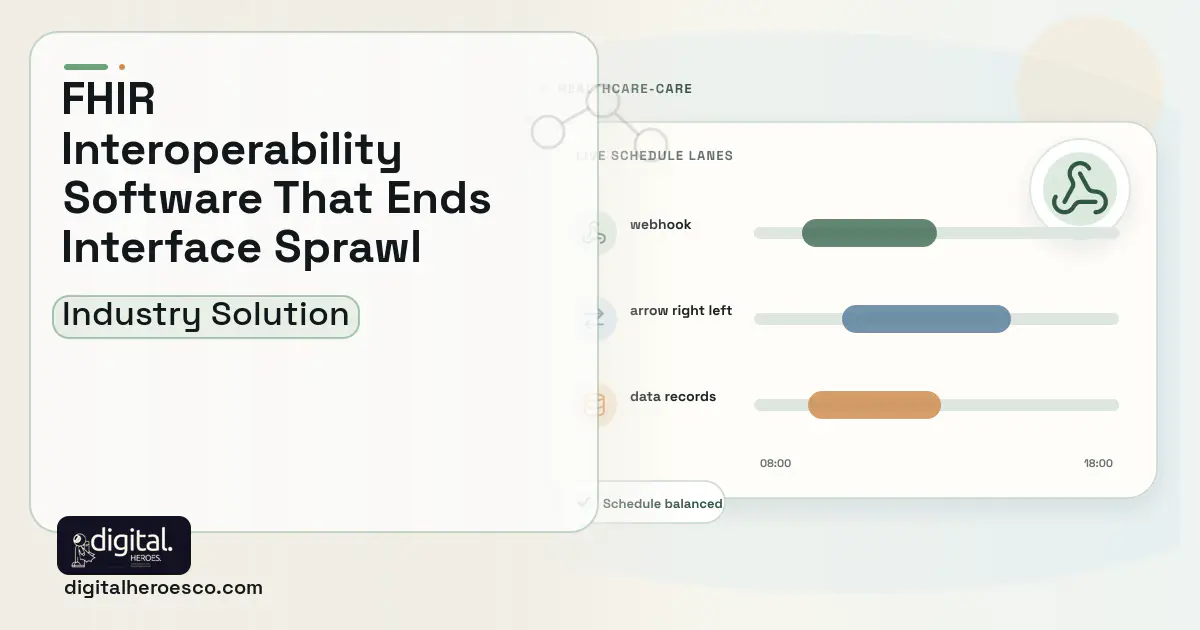 Healthcare Interoperability Platform software visual showing webhook, arrow right left, and data records.