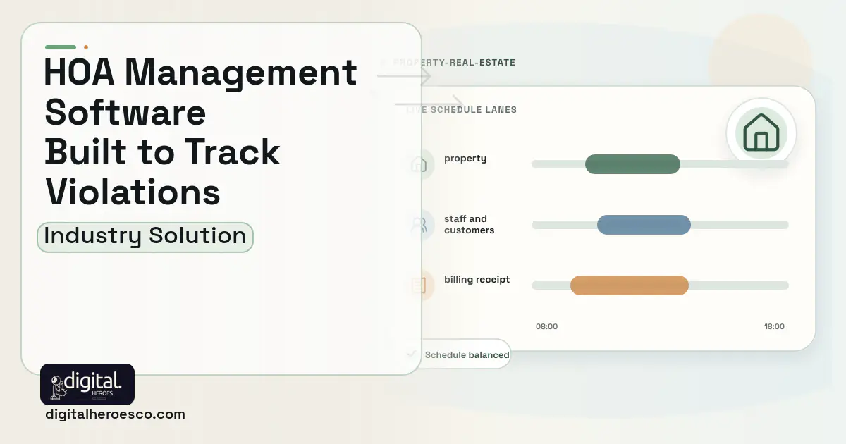 HOA Management software visual showing property, staff and customers, and billing receipt.