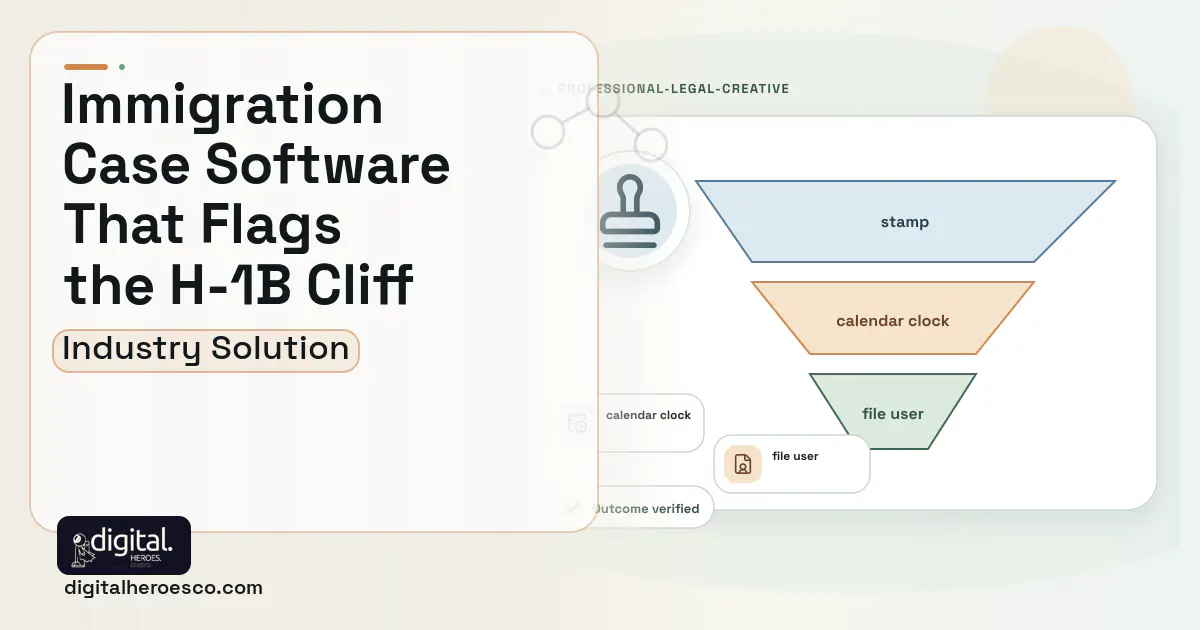 Immigration Case Management software visual showing stamp, calendar clock, and file user.