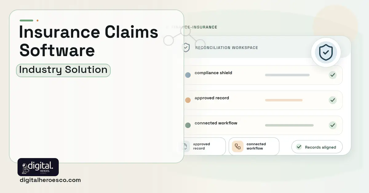 Insurance Claims Management software visual showing compliance shield, approved record, and connected workflow.