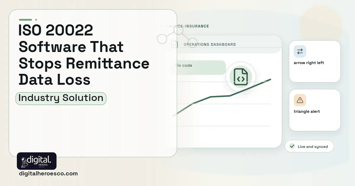Iso 20022 Payment Transformation software visual showing file code, arrow right left, and triangle alert.