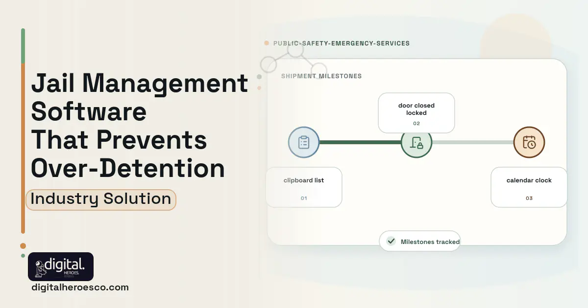 Jail Management software visual showing door closed locked, clipboard list, and calendar clock.