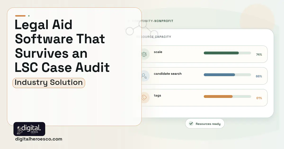 Legal Aid Case Management software visual showing scale, candidate search, and tags.