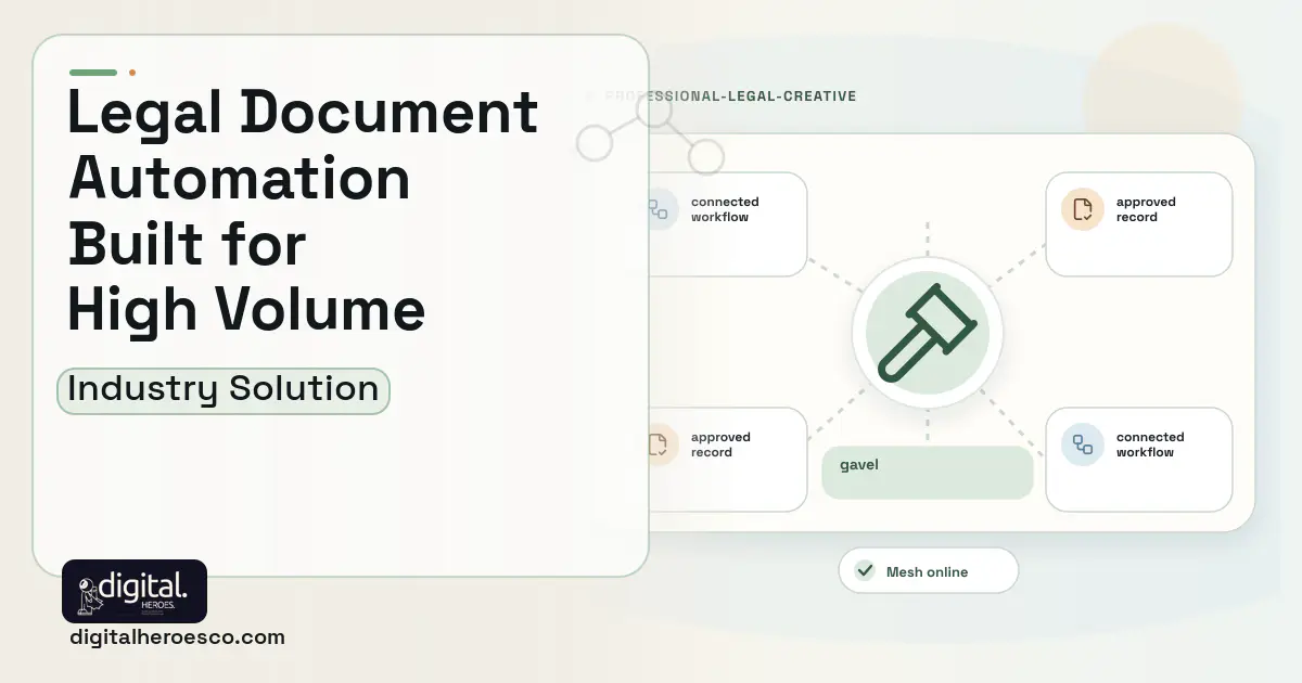 Legal Document Automation software visual showing gavel, connected workflow, and approved record.