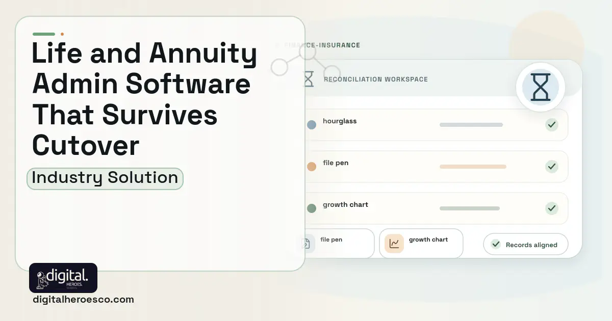 Life Annuity Policy Administration software visual showing hourglass, file pen, and growth chart.