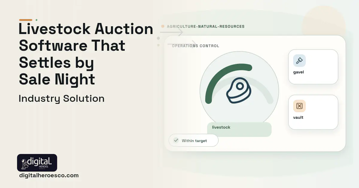 Livestock Auction Market software visual showing livestock, gavel, and vault.