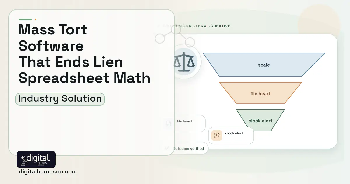 Mass Tort Case Management software visual showing scale, file heart, and clock alert.