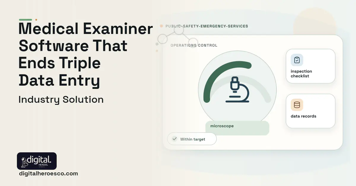 Medical Examiner Case Management software visual showing microscope, inspection checklist, and data records.