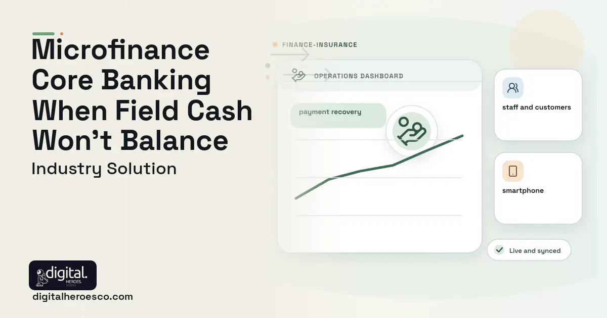 Microfinance Institution software visual showing payment recovery, staff and customers, and smartphone.