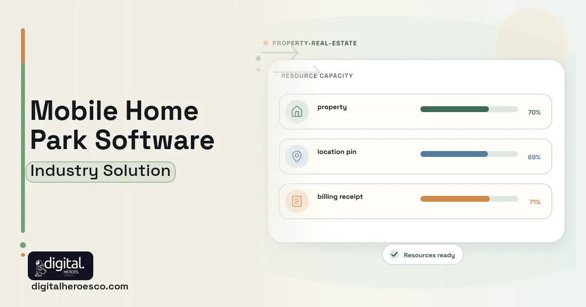 Mobile Home Park software visual showing property, location pin, and billing receipt.