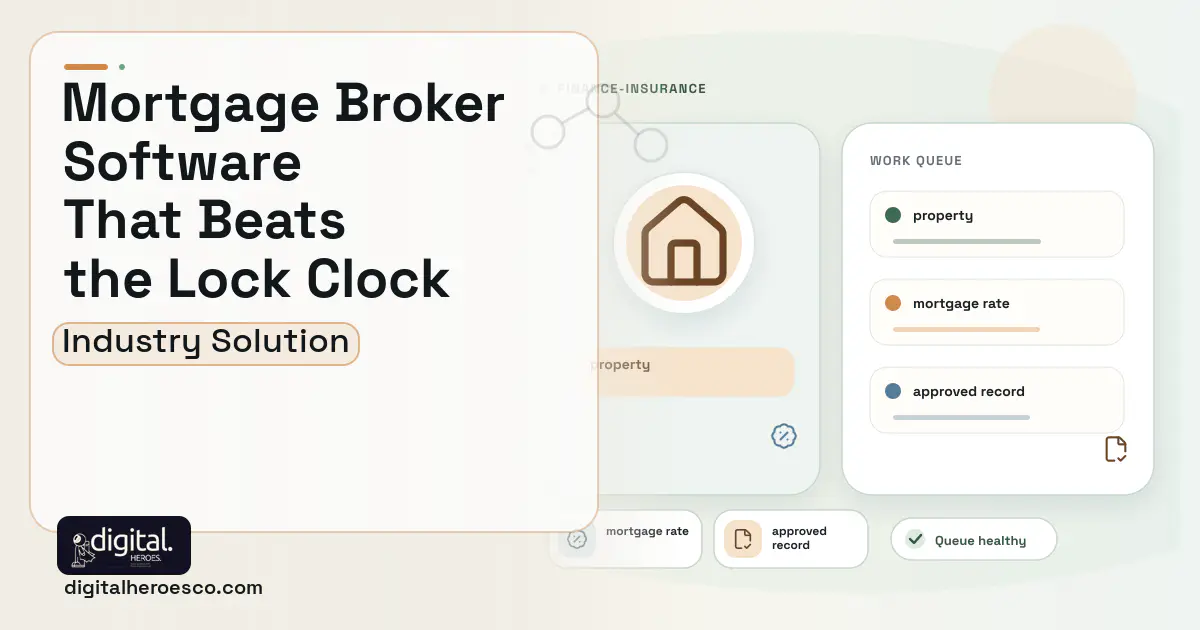 Mortgage Broker software visual showing property, mortgage rate, and approved record.
