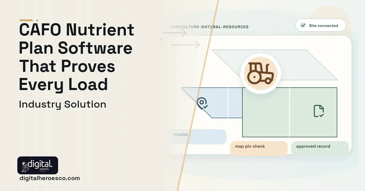 Nutrient Management Plan software visual showing tractor, map pin check, and approved record.