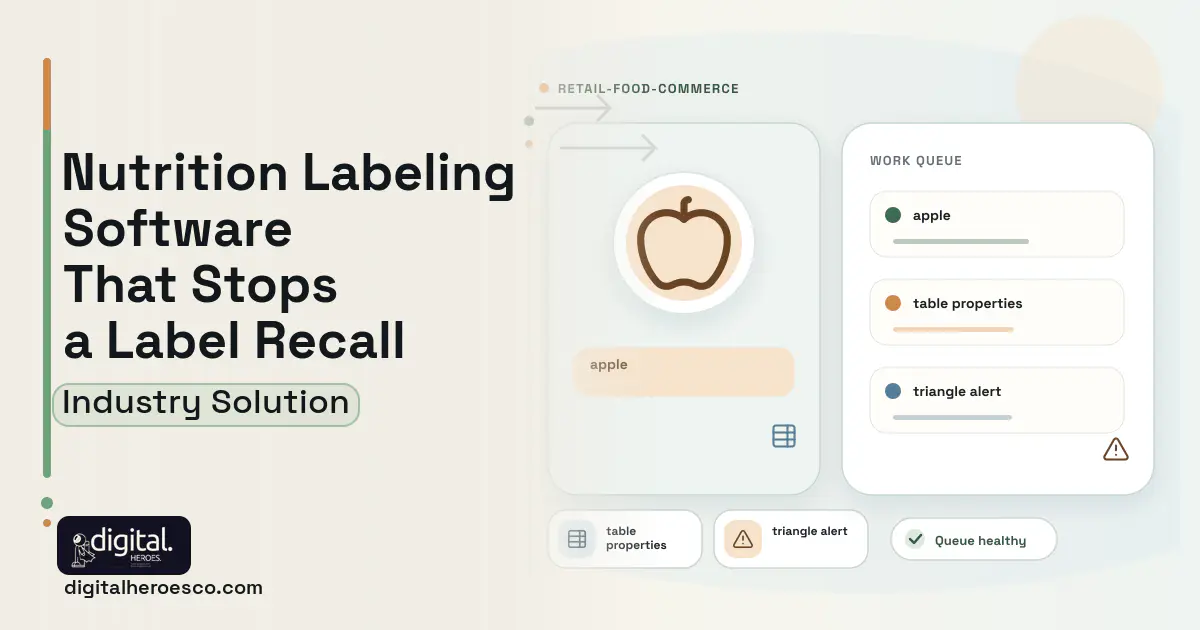 Nutrition Labeling software visual showing apple, table properties, and triangle alert.