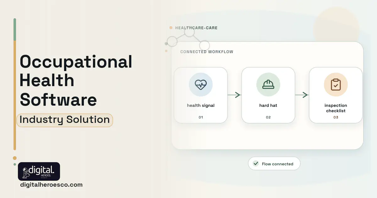 Occupational Health software visual showing hard hat, health signal, and inspection checklist.