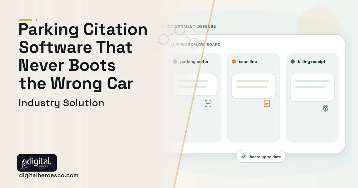 Parking Citation Management software visual showing parking meter, scan line, and billing receipt.