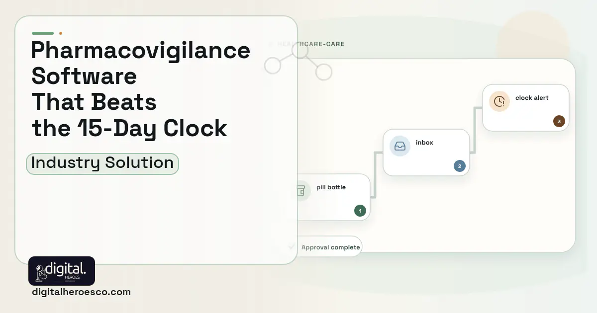Pharmacovigilance Case Management software visual showing pill bottle, inbox, and clock alert.