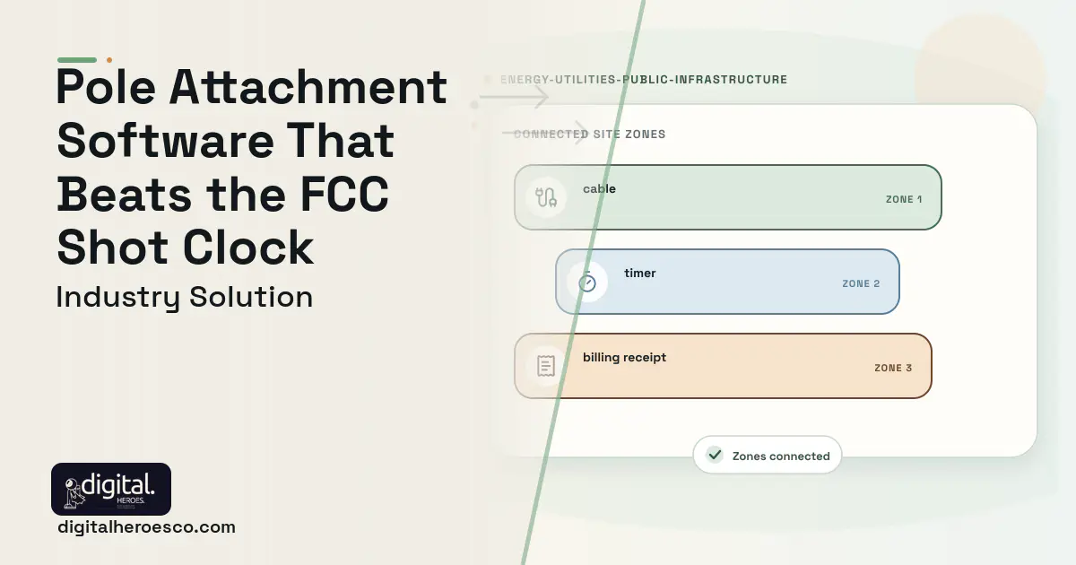 Pole Attachment Management software visual showing cable, timer, and billing receipt.