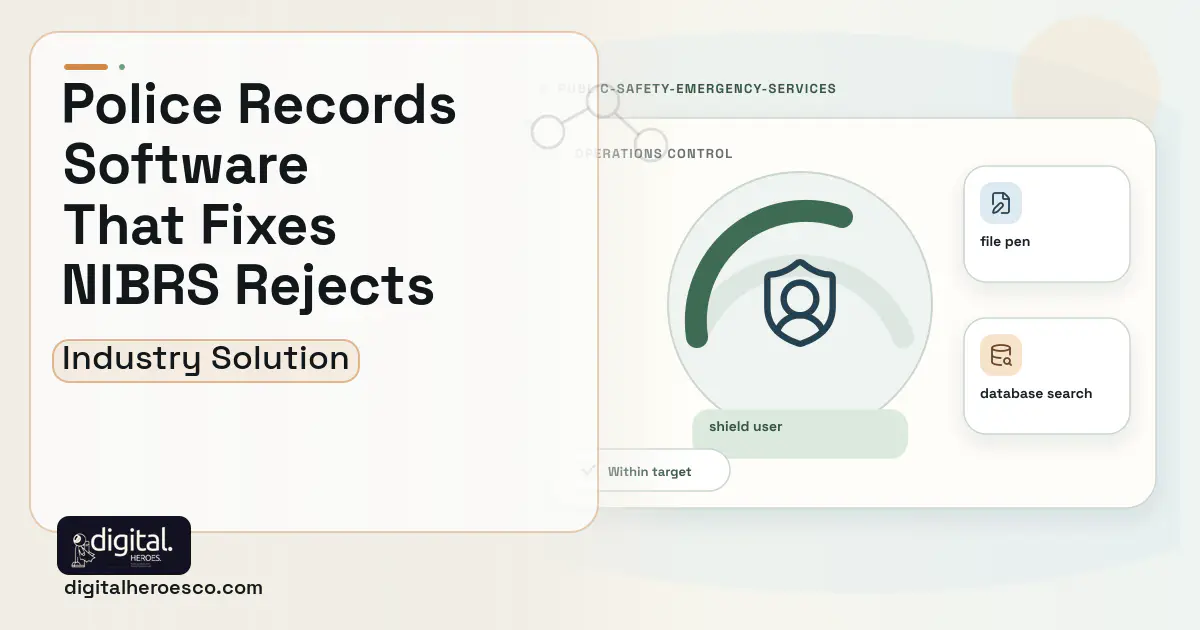 Police Records Management software visual showing shield user, file pen, and database search.