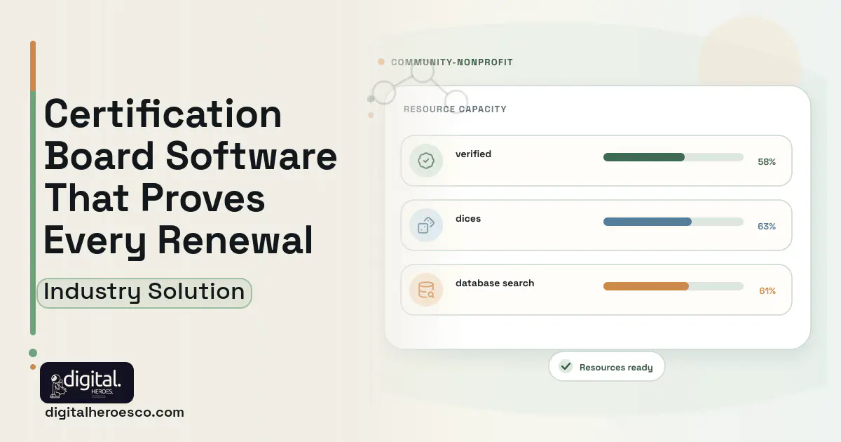 Professional Certification Board software visual showing verified, dices, and database search.