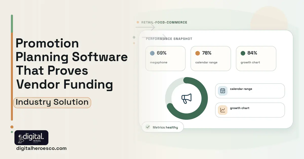 Promotion Planning software visual showing megaphone, calendar range, and growth chart.