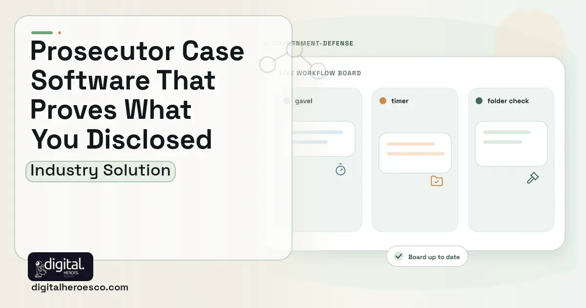 Prosecutor Case Management software visual showing gavel, timer, and folder check.