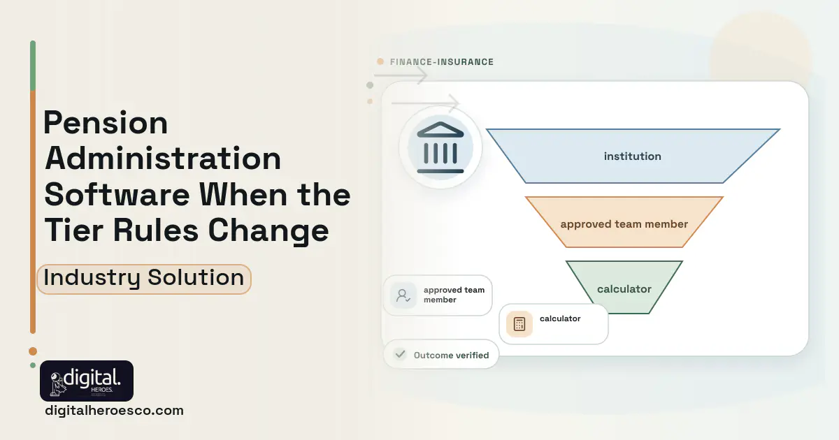 Public Pension Administration software visual showing institution, approved team member, and calculator.