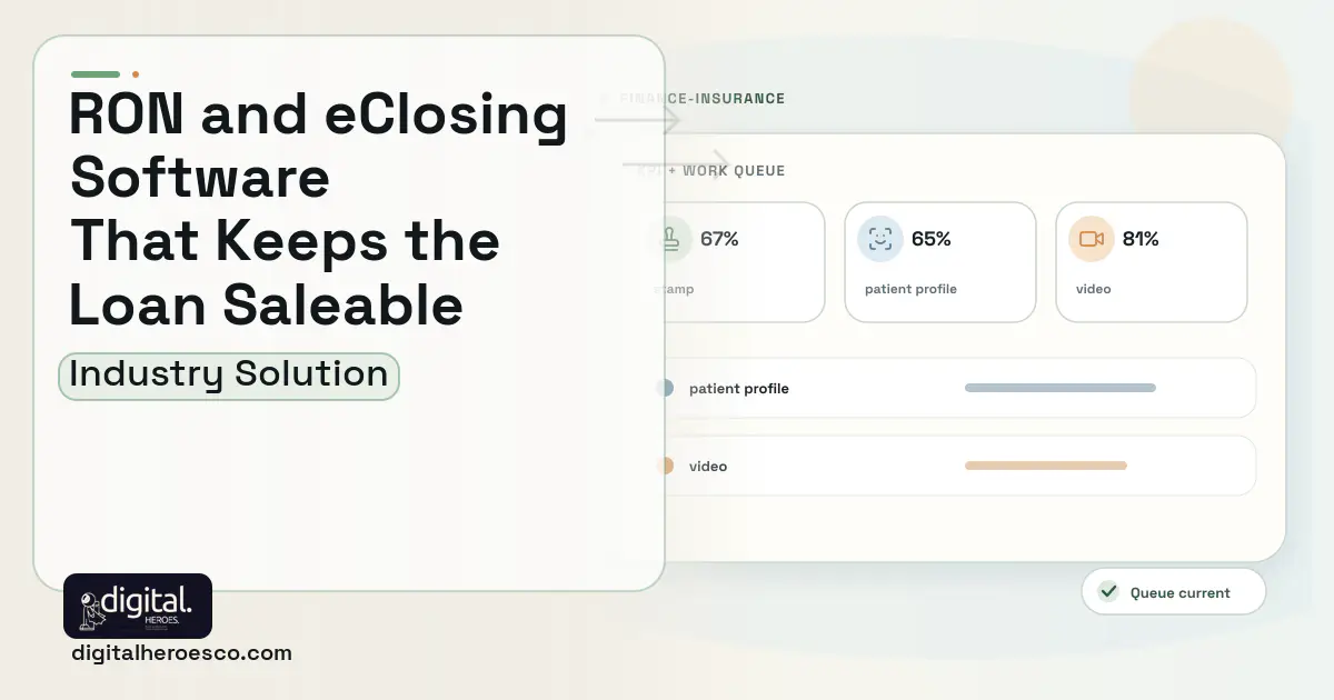Remote Online Notarization E Closing software visual showing stamp, patient profile, and video.