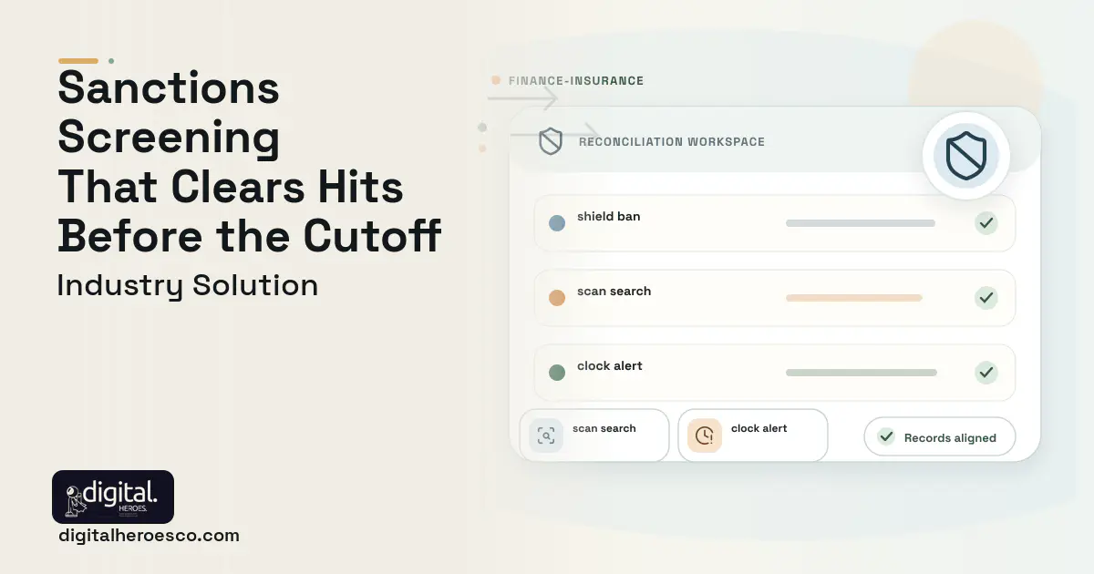 Sanctions Screening software visual showing shield ban, scan search, and clock alert.