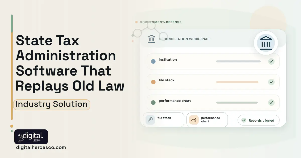 State Tax Administration software visual showing institution, file stack, and performance chart.