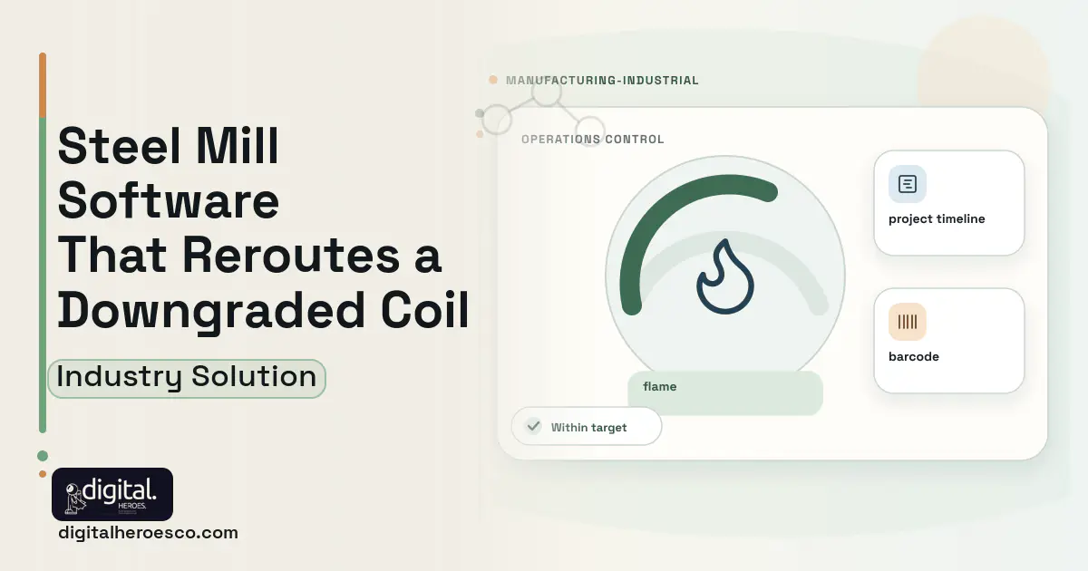 Steel Mill Production software visual showing flame, project timeline, and barcode.