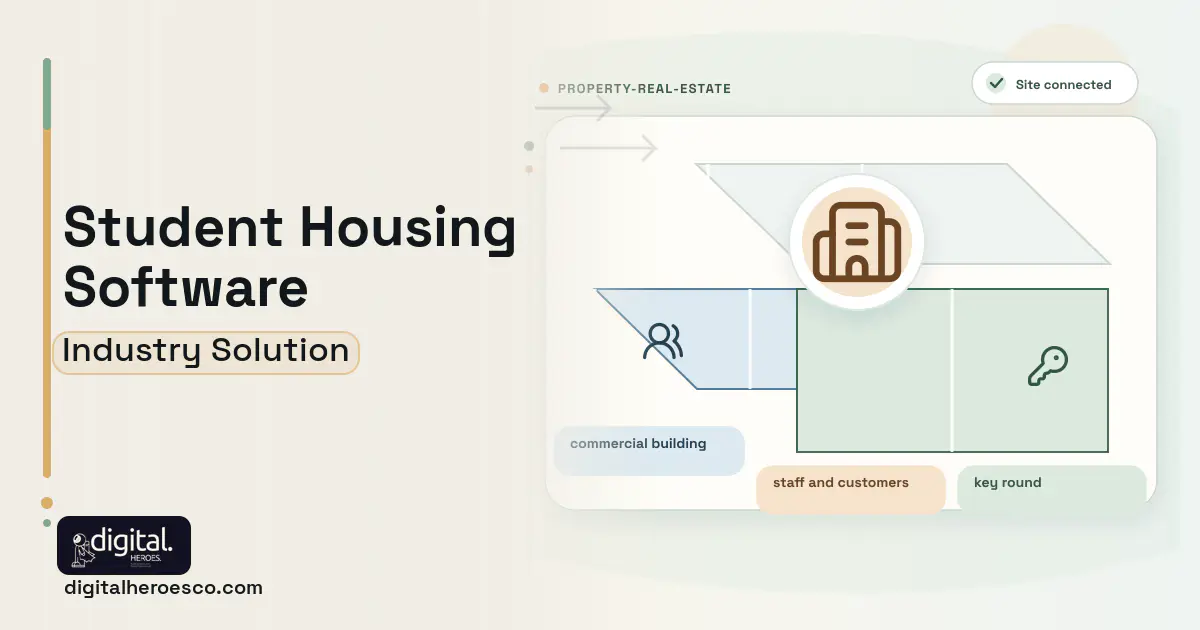 Student Housing software visual showing commercial building, staff and customers, and key round.