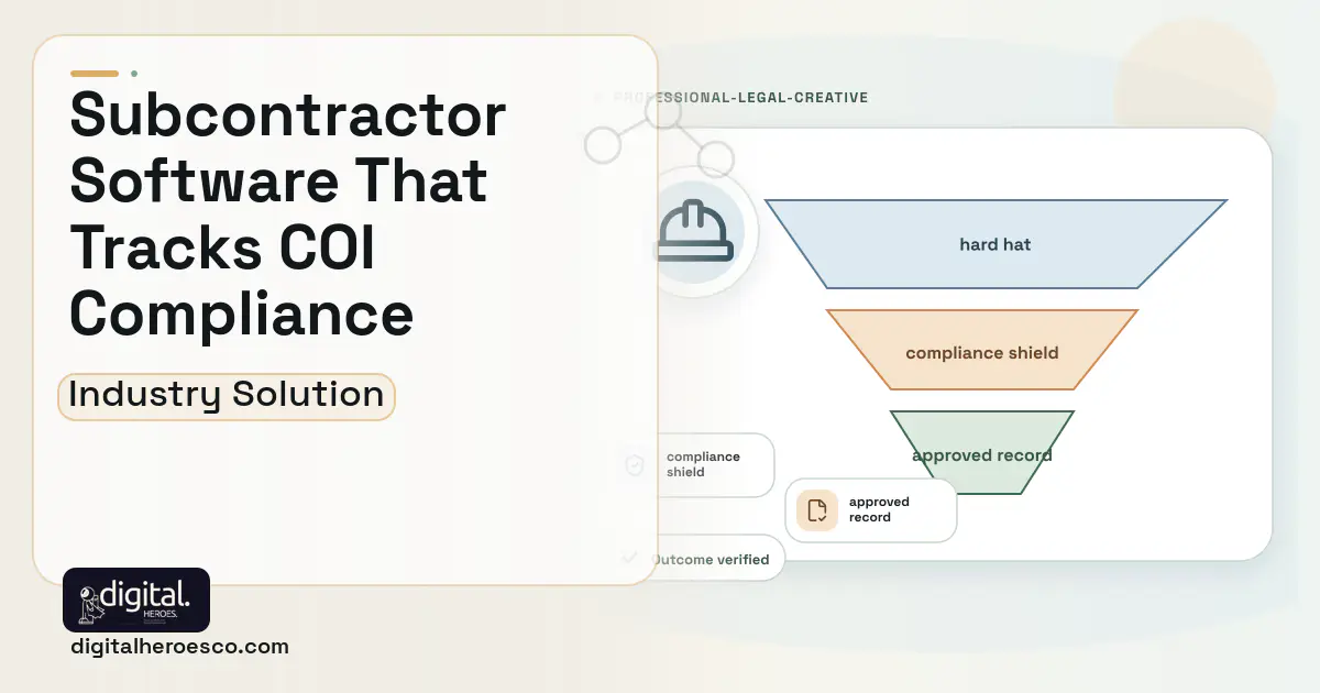 Subcontractor Management software visual showing hard hat, compliance shield, and approved record.