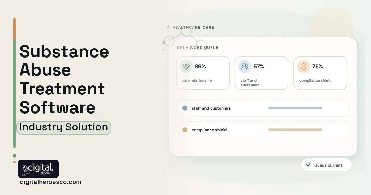 Substance Abuse Treatment software visual showing care relationship, staff and customers, and compliance shield.