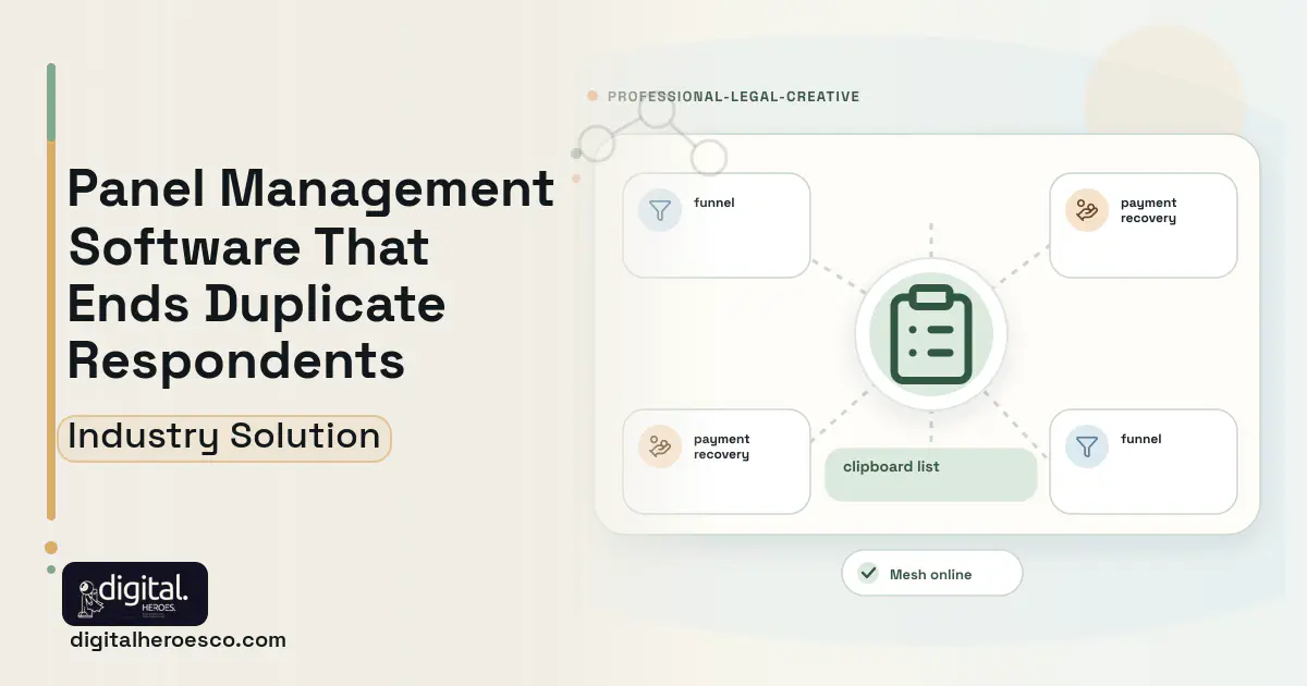Survey Panel Management software visual showing clipboard list, funnel, and payment recovery.