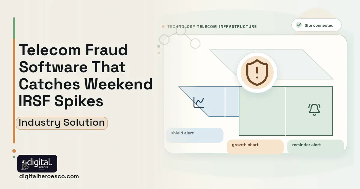 Telecom Fraud Management software visual showing shield alert, growth chart, and reminder alert.